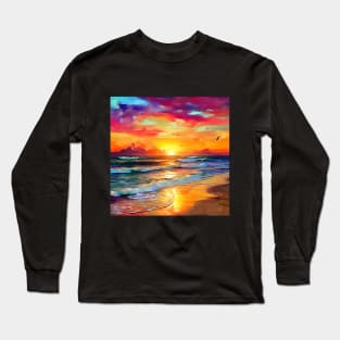 Color Ocean Beach Sunset Painting Long Sleeve T-Shirt